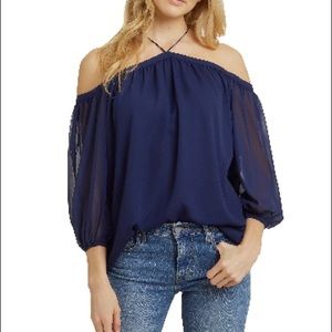 ⛔️❌ S O L D ❌⛔️ Women's Cold Shoulder Sheer Shift on Blouse S Color Evening Sky
